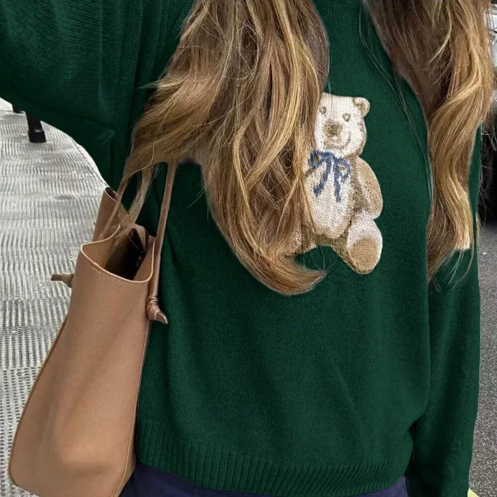 Green Casual Women's Cute Cartoon Bear Round Neck Long Sleeve Knitted Sweater